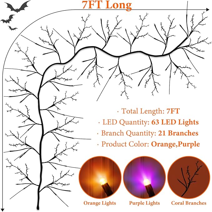 7 Ft Halloween Decorations Willow Vine Twig Garland with 8 Modes Timer 63 LED Orange Purple Lights, Halloween Garland with Waterproof Battery Operated for Wall Fireplace Decorations Indoor Outdoor