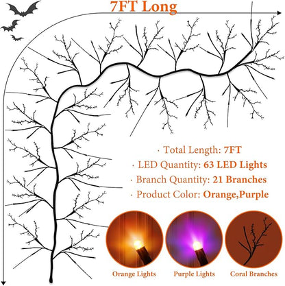 7 Ft Halloween Decorations Willow Vine Twig Garland with 8 Modes Timer 63 LED Orange Purple Lights, Halloween Garland with Waterproof Battery Operated for Wall Fireplace Decorations Indoor Outdoor