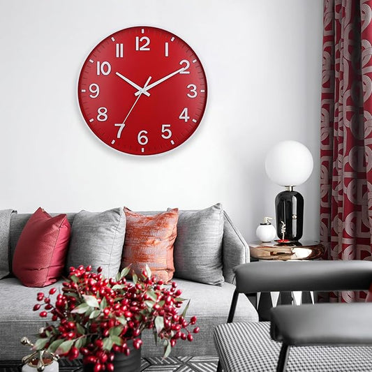 HZDHCLH Red Wall Clocks Battery Operated,12 inch Silent Non Ticking Modern Christmas Wall Clock for Living Room Bedroom Kitchen Office Classroom Decor