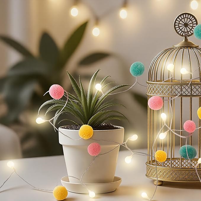 LED Pom Poms Fairy Lights - 21Feet, 20 LED, Battery Operated, Warm White Globe Lights Cute for Home,Kids Playhouse, Holiday, Christmas, Kids Room Party Birthday Wedding Valentines Decorations