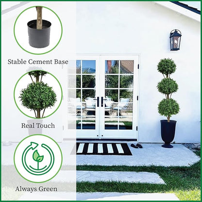 Two 66 Inch Artificial Boxwood Triple Ball Topiary Trees Potted UV Rated 5 and a Half Foot Tall
