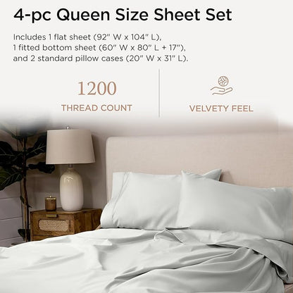 Threadmill Luxury Supima Cotton Sheets, Luxury 1200 Thread Count Soft 100% Cotton Sheets for Queen Size Bed, 4 Pc Light Grey Bed Sheets Queen Set, 5-Star Hotel Quality Deep Pocket Bed Sheets Set
