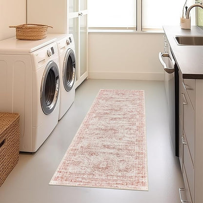 Long Bathroom Rugs Runner - Washable Runner Rugs for Hallway 2x10, Ultra-Thin Soft Kitchen Carpet Runner, Anti Slip Backing Runner Rugs for Entrance, Bedroom, Living Room(2'x10', Pink/Ivory)