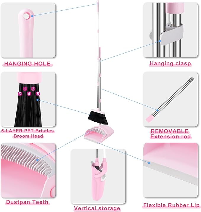 Broom and Dustpan Set, Broom with Dustpan Combo Set for Home 54-in Long Adjustable Handle Dustpan Teeth to Clean Hair for Home Office Kitchen Lobby(Pink)