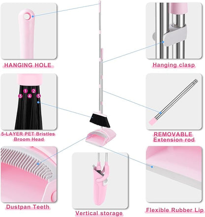 Broom and Dustpan Set, Broom with Dustpan Combo Set for Home 54-in Long Adjustable Handle Dustpan Teeth to Clean Hair for Home Office Kitchen Lobby(Pink)