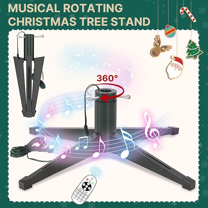 GGOYING 7.5FT Pre-Lit Flocked Christmas Tree with Rotating Stand & Remote, Green Dense Branches, Realistic Holiday Decorations, LED Lights (RGB + Warm White)