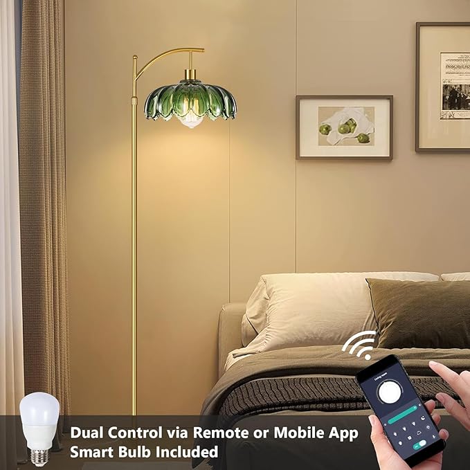 Gold Floor Lamp for Living Room Bedroom with Remote,Unique Vintage Standing Tall Lamp,Mid Century Modern Floor Lamps with Dimmable Bulb,Arc Green Glass Floor Lamps for Office Corner
