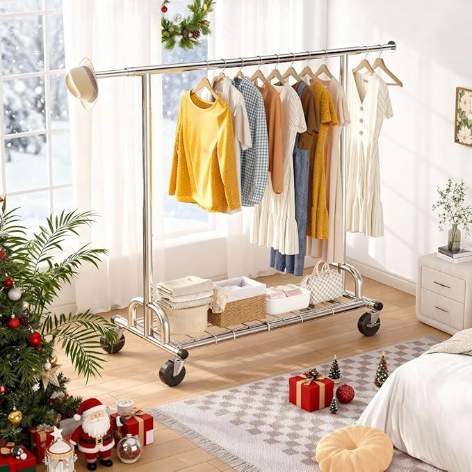 Raybee Heavy Duty Clothes Rack, Clothing Racks for Hanging Heavy Clothes 200+, Rolling Clothing Rack Load 485 LBS, Extendable & Adjustable Portable Commercial Garment Rack with Wheels
