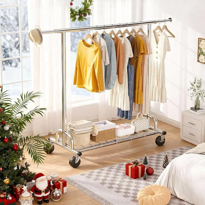 Raybee Heavy Duty Clothes Rack, Clothing Racks for Hanging Heavy Clothes 200+, Rolling Clothing Rack Load 485 LBS, Extendable & Adjustable Portable Commercial Garment Rack with Wheels