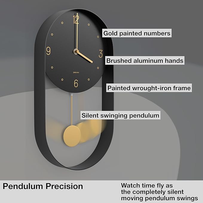 Driini Modern Pendulum Wall Clock - Decorative and Unique Metal Frame, with 8 Inch Face - Contemporary, Minimalist Design, with Silent Battery Operation - Includes Both Black and Gold Pendelum