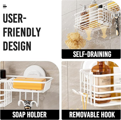 LEVERLOC Shower Caddy Suction Cup, Heavy Duty Bathroom Organizer for Inside Shower with Hooks & Soap holder, NO-Drilling Bathroom Holder-White