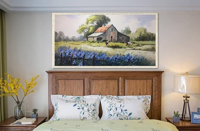 Ardemy Farmhouse Canvas Wall Art Large Framed Vintage Farm Cow Pictures Wall Decor Living Room Village Nature Painting Artwork Wall Art Bedroom Dining Room Home Office, 58"x29"