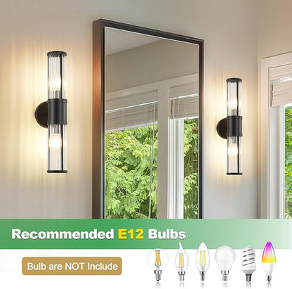 JOOSENLUX Black Vanity Light, Set of 2 Bathroom Sconces with E12 Base and Glass Rod Design – Modern Bathroom Vanity Light Fixture for Mirror, Powder Room, Bedroom, Hallway