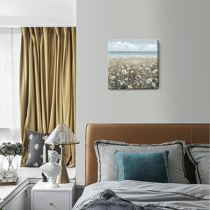 Canvas Wall Art Beach Floral Wall Picture Coastal Boho Farmhouse Daisy Flowers Nautical Sea Ocean Wildflowers Canvas Print Vintage Artwork for Small Rustic Bathroom Bedroom Living Room Office Décor