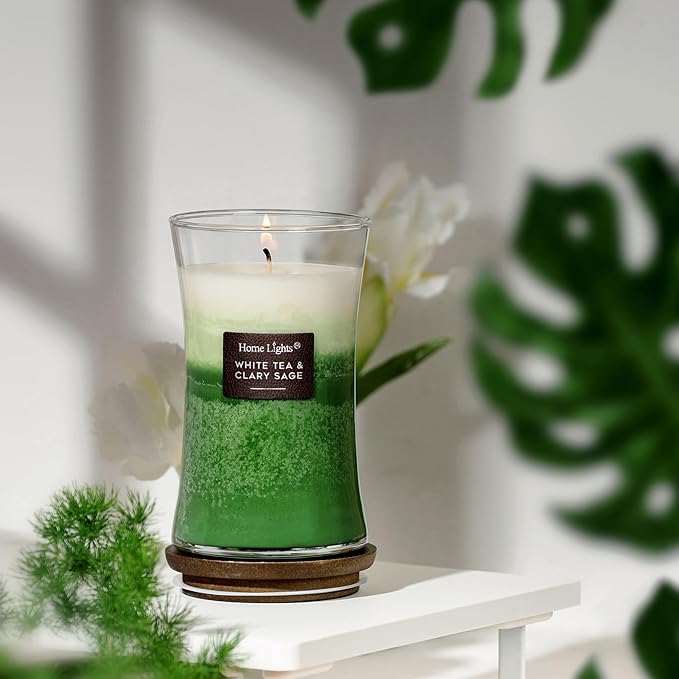 HomeLights 3-Layer Candles for Home Scented, 21.52 OZ Natural Soy Wax Scented Candles Burns Up to 100 Hours, Large Jar, White Tea & Clary Sage