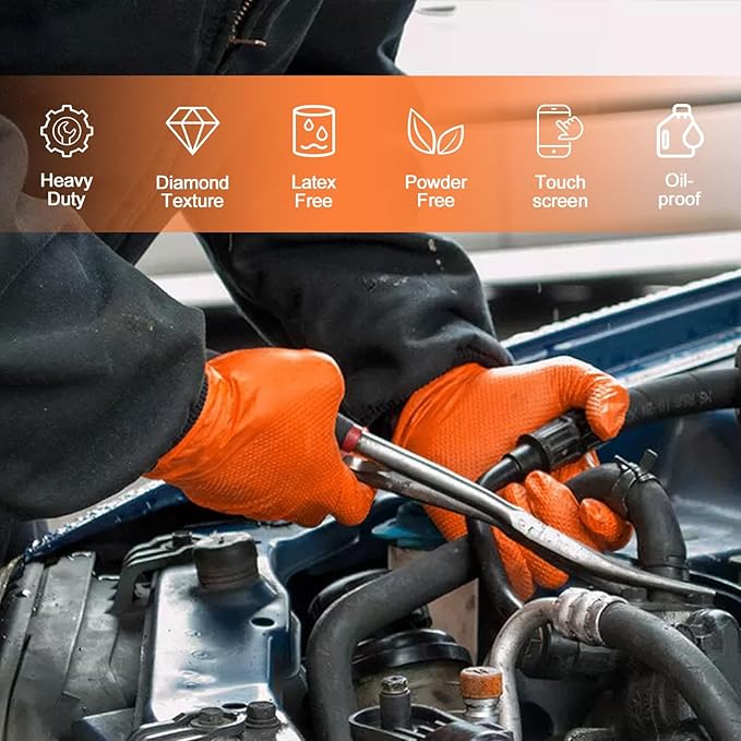 PROMEDIX P Heavy Duty Nitrile Disposable Gloves,8-mil Orange,Raised Diamond Texture Work Gloves，Industrial Work gloves