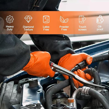 PROMEDIX P Heavy Duty Nitrile Disposable Gloves,8-mil Orange,Raised Diamond Texture Work Gloves，Industrial Work gloves