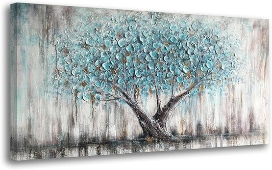 Arjun Tree Wall Art Canvas for Living Room Blue Tree of Life Nature Teal Abstract Textured Painting Picture Modern Panoramic Landscape Artwork Framed Bedroom Home Office Decor, Extra Large 58"x29"