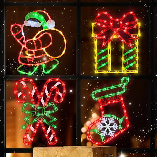 16" Christmas Window Silhouette Lights - 4 Pack Colour Lighted Christmas Stocking & Candy Cane & Gift Box & Santa for Holiday Indoor and Outdoor Wall Door Window Decorate