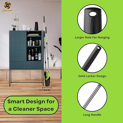 Standing Broom and Dustpan Set, Built-in Scraper Teeth, No-Slip Grip, Dust Collection Tray for Home, Office, Lobby, and Outdoor, Adjustable Handle from 38.18" to 52" (Black & Green)