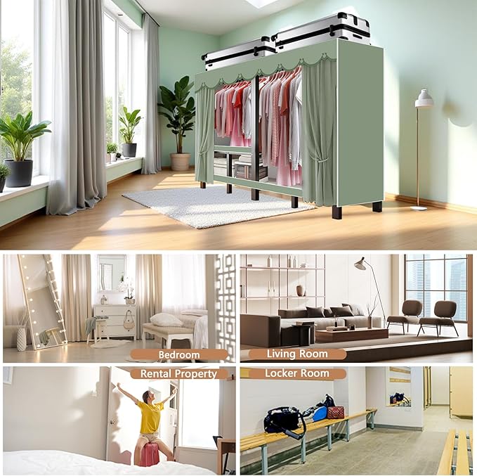 Foldable Portable Wardrobe Closet with Cover, Heavy Duty Clothing Rack for Hanging Clothes has 59in Vertical Storage Space, Coffee Metal Garment Rack (Green, 84.5in)