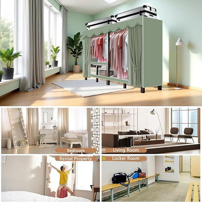 Foldable Portable Wardrobe Closet with Cover, Heavy Duty Clothing Rack for Hanging Clothes has 59in Vertical Storage Space, Coffee Metal Garment Rack (Green, 84.5in)