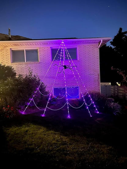 390 LED Halloween Spider Web Lights Decor, 5m Giant Net Lights with 26m Light Chain & Remote Control (8 Light Modes & Timer), Decoration for Garden Indoor Outdoor - Purple+Orange