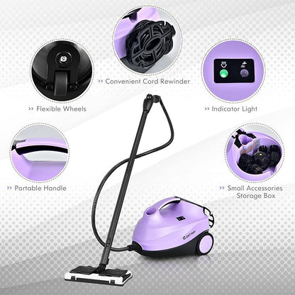 COSTWAY 2000W Multipurpose Steam Cleaner with 19 Accessories, Household Steamer w/ 1.5L Tank for Cleaning, Heavy Duty Rolling Cleaning Machine for Carpet, Floors, Windows and Cars (Purple)
