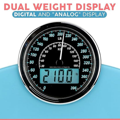 Adamson Hybrid 2-in-1 Analog & Digital Weighing Scale for Body Weight up to 400lbs - Thick Tempered Glass - Extra Large Display - Easy to Read Digital Bathroom Scale - New - Light Blue