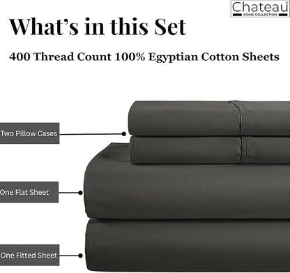 100% Cotton Sheets King Size Sheets Set With Fitted Sheet & Pillowcase Sets, 400 Thread Count Sateen Weave 4 Piece Deep Pocket King Sheet Set, Soft & Comfy Naturally Cool Luxury Bedding- Charcoal