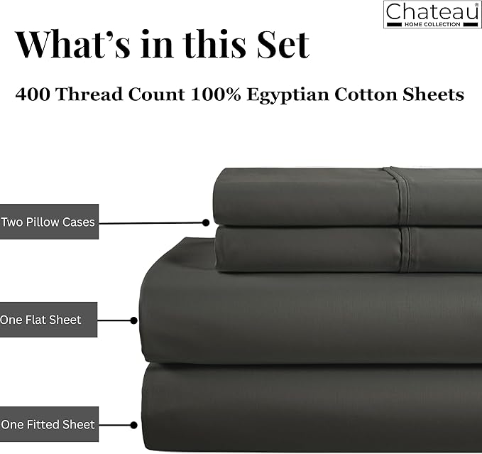400 Thread Count Egyptian Cotton Sheets Queen Sheet Set Deep Pocket, 100% Cotton Bed Sheets Queen Size Set, No Pill Soft & Comfy Naturally Cool Breathable Elasticated Sheet & Pillowcase Sets- Charcoal