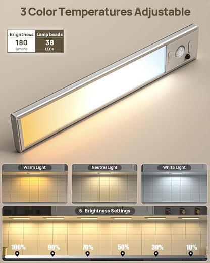 Under Cabinet Lights with Remote Control, USB Rechargeable Battery 180 Lumen Motion Sensor Indoor Light,3 Pack Wireless Under Counter Light,3 Color Dimmable Closet Lighting for Kitchen,Stairs,Wardrobe