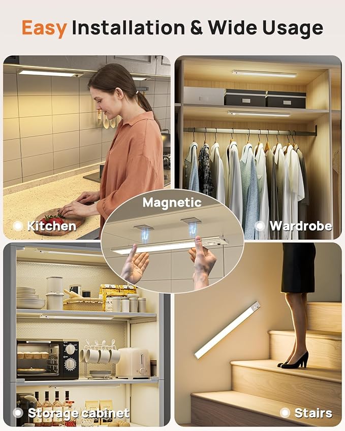 16in Under Cabinet Lighting Wireless, 160 LED Motion Sensor Light Indoor, Rechargeable Closet Lights with Remote Control, 3 Color Temps Under Counter Lights for Kitchen, Pantry, Stair, 5 Pack