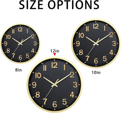 Wall Clocks Battery Operated 12 inch Modern Wall Clock,Silent Non Ticking Wall Clock for Living Room Bedroom Kitchen Office Classroom Decor (Black Gold)