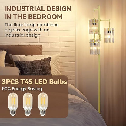 Industrial Modern Floor Lamps for Living Room, Dimmable Glass Tree Standing Tall Lamps with 3 Elegant Teardrop Cage Head & 800 Lumens LED Bulbs for Bedroom Office (65inch Tall)