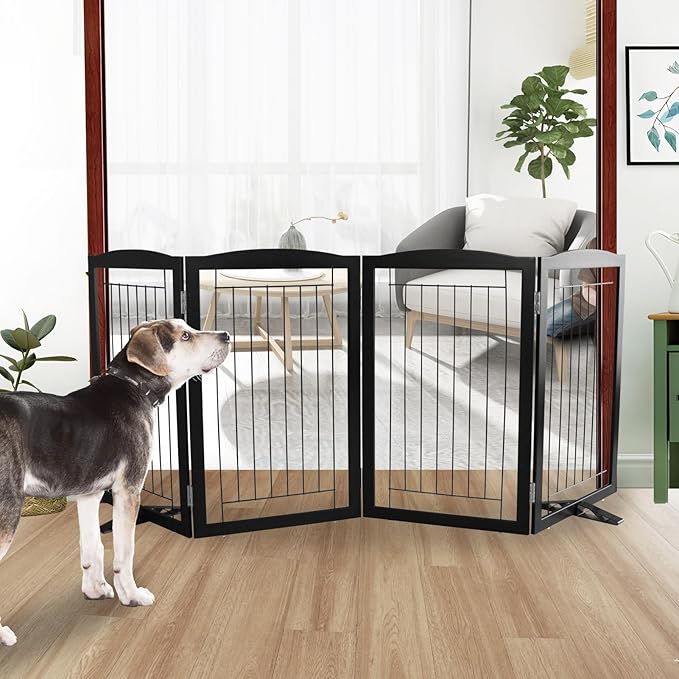 ZJSF Freestanding Dog Fence Indoor, Foldable Dog Gate for Doorways, Stairs or Hallways, Sturdy Wood Extra Wide Pet Gate with Support Feet for The House, Black, 32 "Height-4 Panels