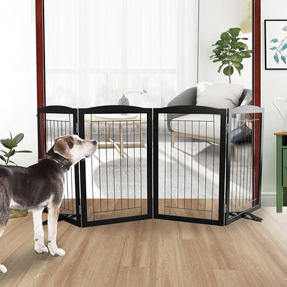 ZJSF Freestanding Dog Fence Indoor, Foldable Dog Gate for Doorways, Stairs or Hallways, Sturdy Wood Extra Wide Pet Gate with Support Feet for The House, Black, 32 "Height-4 Panels