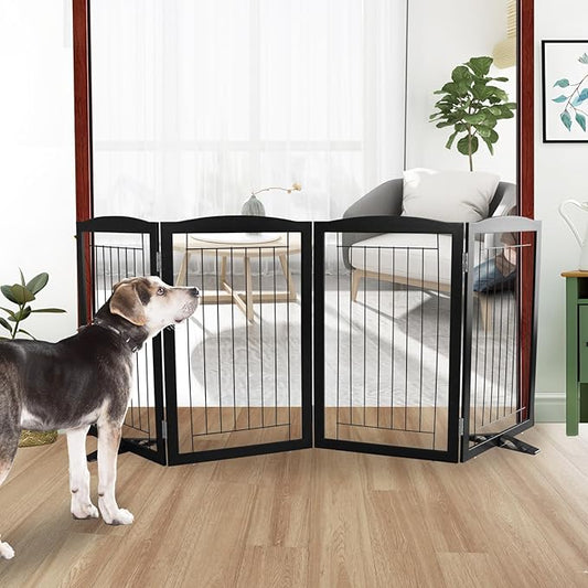 ZJSF Freestanding Dog Fence Indoor, Foldable Dog Gate for Doorways, Stairs or Hallways, Sturdy Wood Extra Wide Pet Gate with Support Feet for The House, Black, 32 "Height-4 Panels