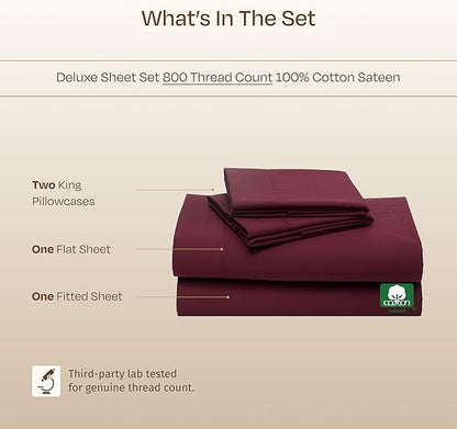 California Design Den Natural 100% Cotton Sheets King Size Deep Pocket Set - Luxury Hotel 800 Thread Count Sateen, King Size Sheets Set, Anti-Skid Elastic for a Snug Fit, Cool and Durable - Red Wine