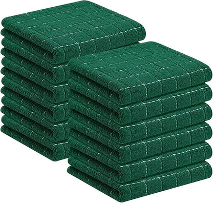 Homaxy 100% Cotton Terry Kitchen Towels(Dark Green, 13 x 28 inches), Checkered Designed, Soft and Super Absorbent Dish Towels, 12 Pack