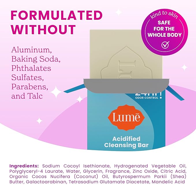 Lume Acidified Body Cleansing Bar - 24 Hour Odor Control - Removes Odor Better than Soap - Moisturizing Formula - Formulated Without SLS or Parabens - OB/GYN Developed - 5 ounce (Unscented)