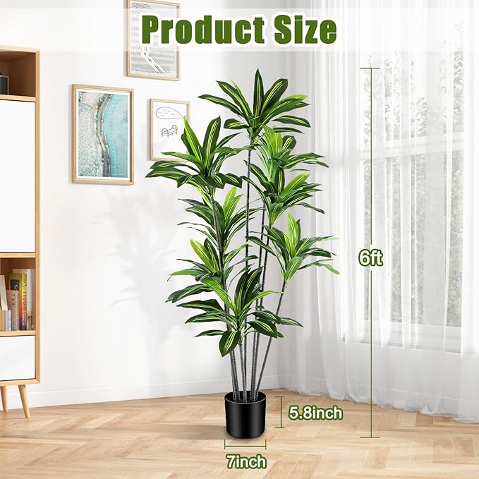 Dracaena Artificial Plant Indoor 6FT - Large Tropical Fake Tree with Lifelike Leaves - Tall Faux Floor Plant in Pot - Artificial Dracaena Tree Indoor for Home Office Living Room Decor