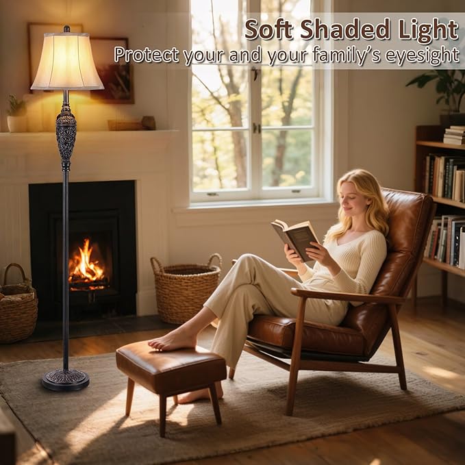 65’’ Vintage Floor Lamp for Living Room, Traditional Standing Lamp with Carved Resin Base and Foot Switch, Classic Farmhouse Tall Pole Lamp, Bedroom, Office, Bronze Finish