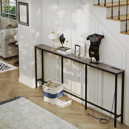78.7" Behind Couch Table with Fast Charging Station, 7.1" Narrow Skinny Sofa Table with 2 Power Outlets, 2 USB-A, USB-C for Console Entryway, Black Oak