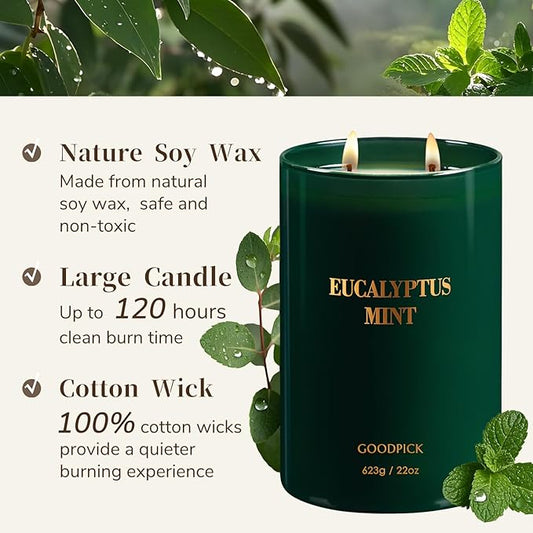 Goodpick Candle Eucalyptus Mint, Soy Candles for Home Scented, Stress Relief, 22oz Long Lasting 120 Hours