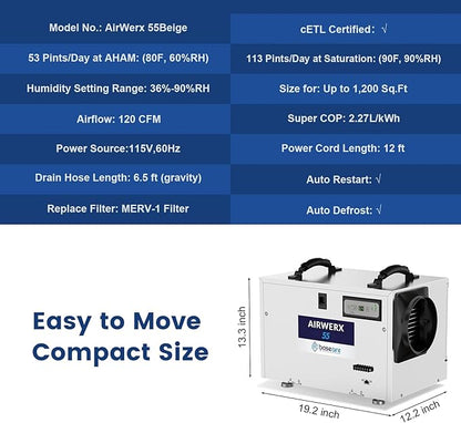 BaseAire Basement Crawl Space Dehumidifier 113 Pint with Continuous Drain Hose, Compact Commercial Industrial Home Dehumidifiers for Crawlspace Garage Attic Whole House