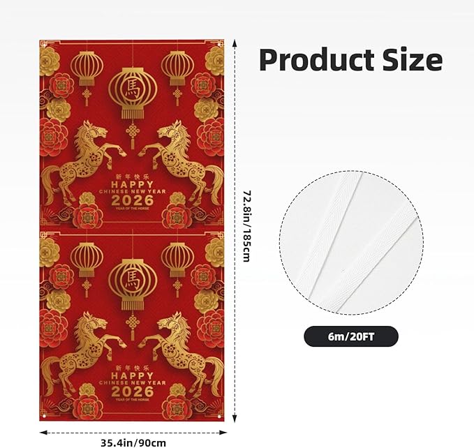 Year Of The Horse Happy Chinese New Year 2026 Door Cover Decorations Banner Flag Welcome Hanging Backdrop Sign Party Background Decor Holiday Supplies 35 * 72 Inches