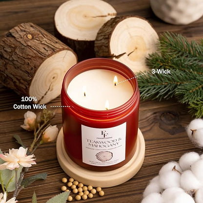 Teakwood & Mahogany Large Scented Candle, 3-Wick 22oz Long Lasting Scented Candle, Natural Soy Wax Aromatherapy Candle for Home, Autumn Candle Gifts for Women Men