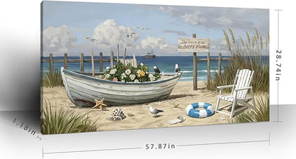 amatop Oversized Coastal Canvas Wall Art – Nautical Seaside Landscape Floral Boat on Sandy Beach Ocean Seabirds Horizontal Decor Large Wildflower Nature Artwork for Living Room Bedroom Office 58×29 Inch
