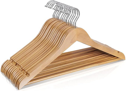 Wooden Hangers 10 Pack,Heavy Duty Wood Coat Hangers,with 360-degree Hook，Smooth Finish Wooden Clothes Hangers with Non Slip Pants Bar, Sturdy Clothes Hangers for Shirts,Suit,Natural